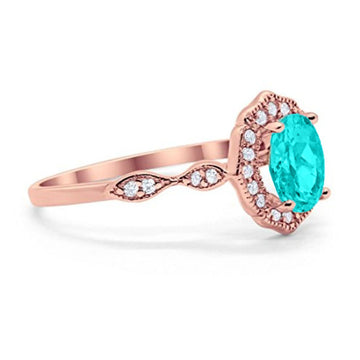 Antique Style Wedding Ring Oval Rose Tone, Simulated Paraiba Tourmaline CZ 925 Sterling Silver